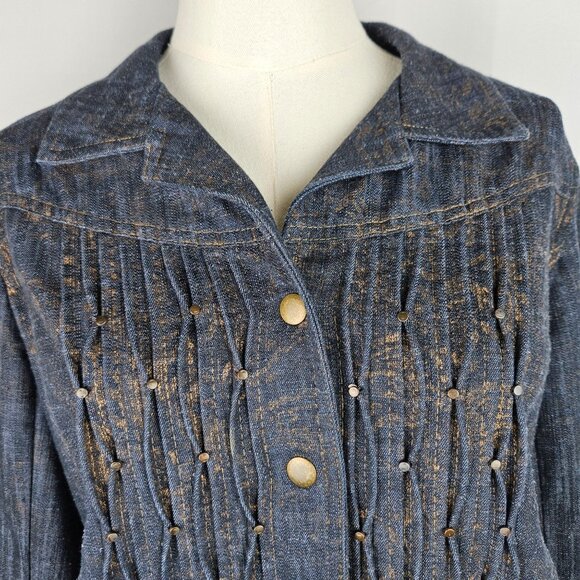 Coldwater Creek Jacket Size 16 Pintucked Blue Denim Snap Front Metallic Gold - Picture 3 of 11